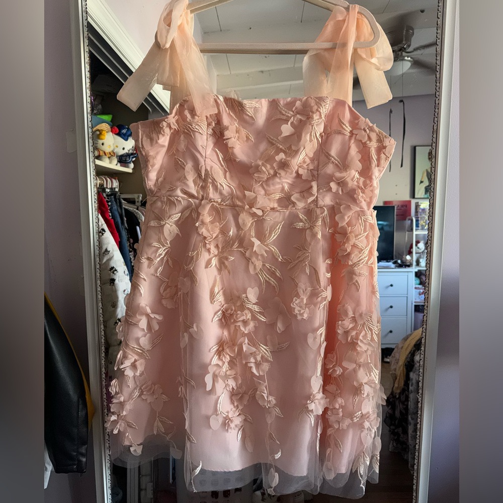 Lulus Sweet Blush Tulle 3D Floral Tie-Strap Mini Dress